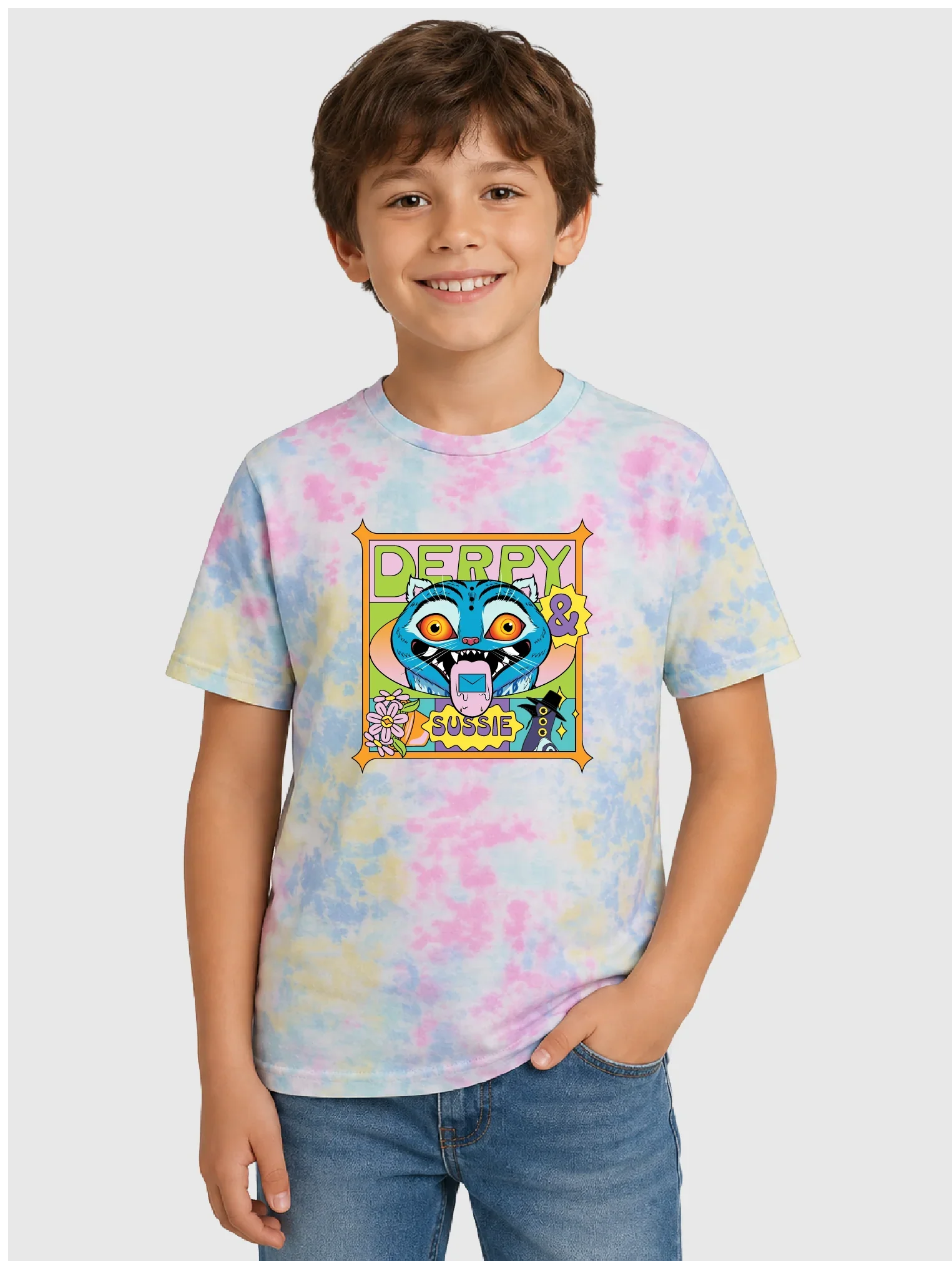 KPop Demon Hunters Youth Tie-Dye T-Shirt Derpy & Sussie Summer Vibes