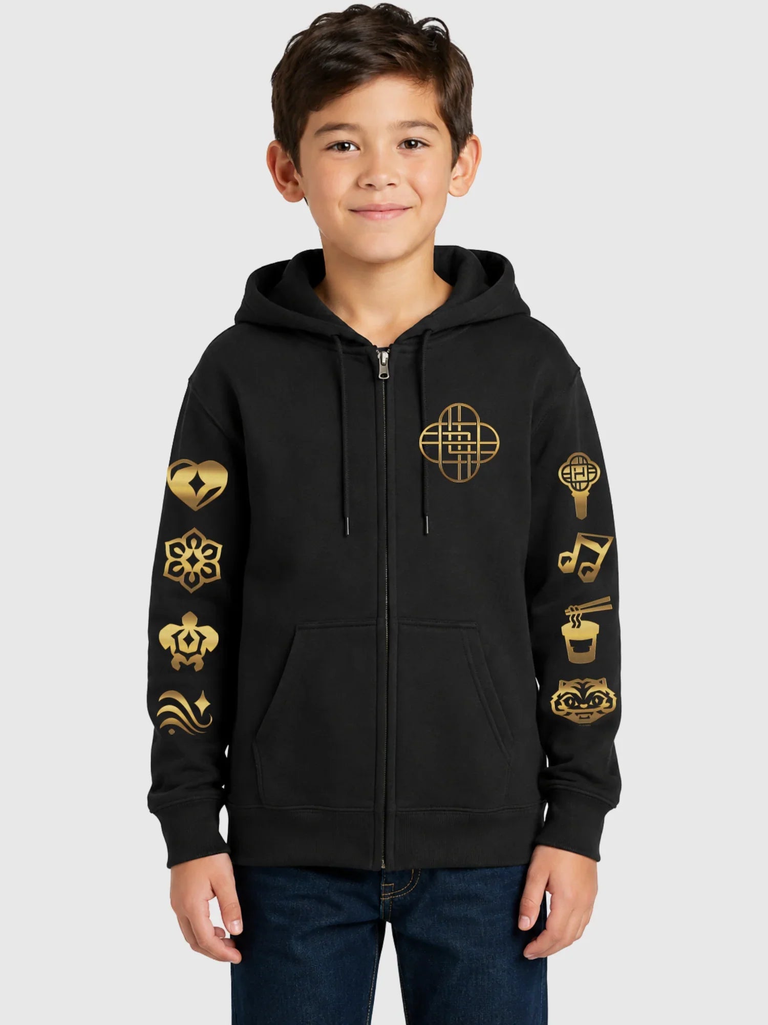 KPop Demon Hunters Gold Foil Youth Full-Zip Hoodie HUNTR/X Icons